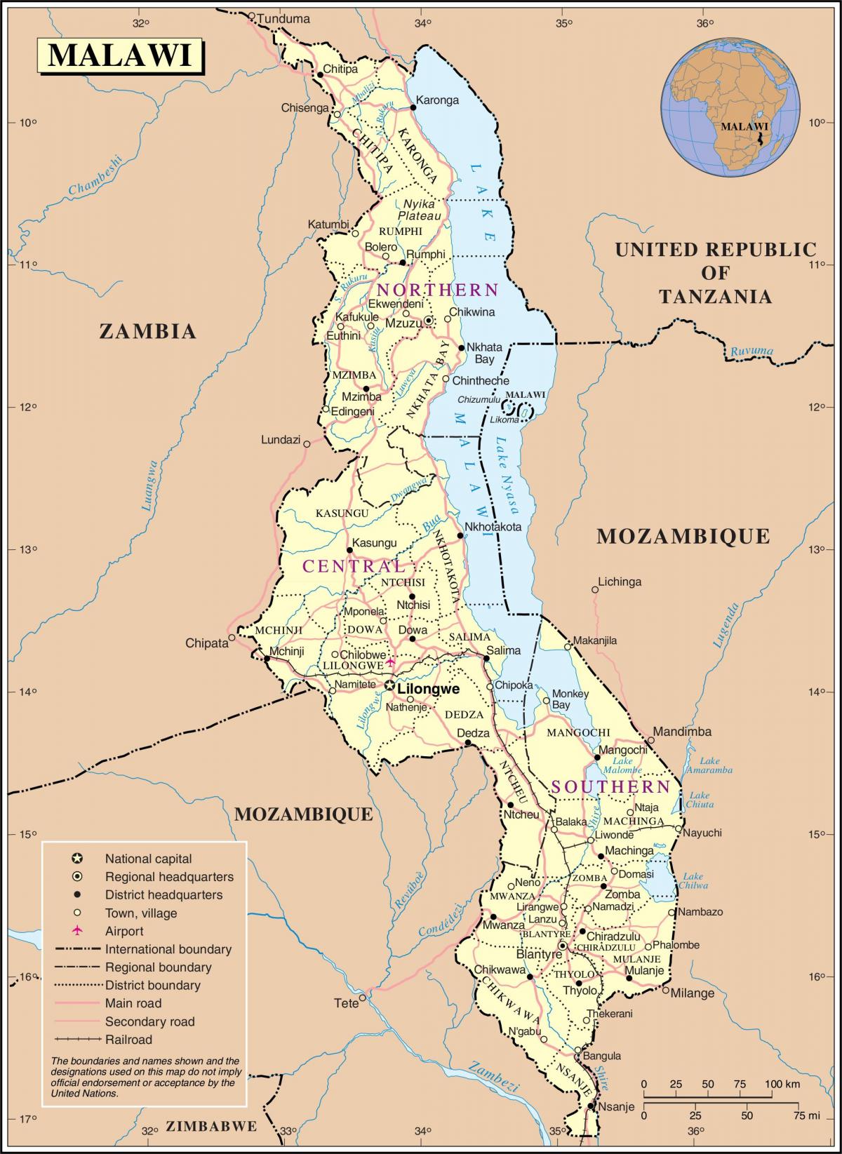 mapa de Malawi mostrando caminos