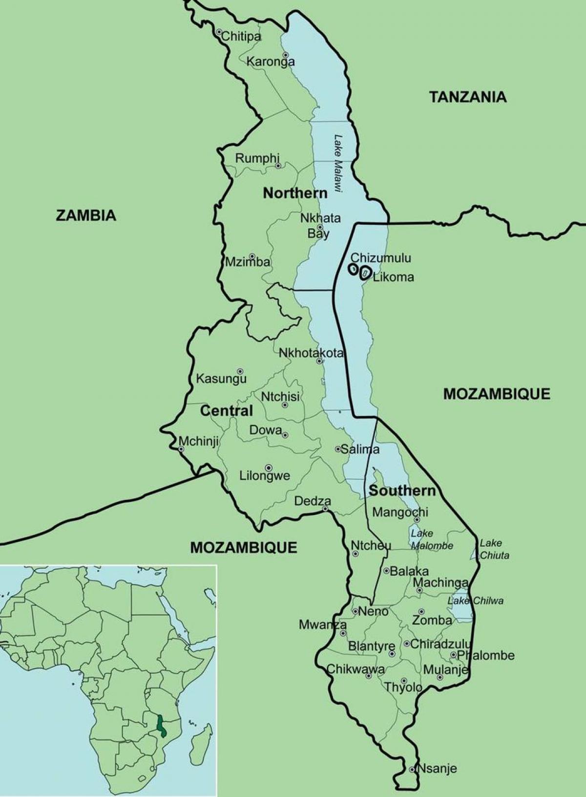 mapa de Malawi mostrando los distritos