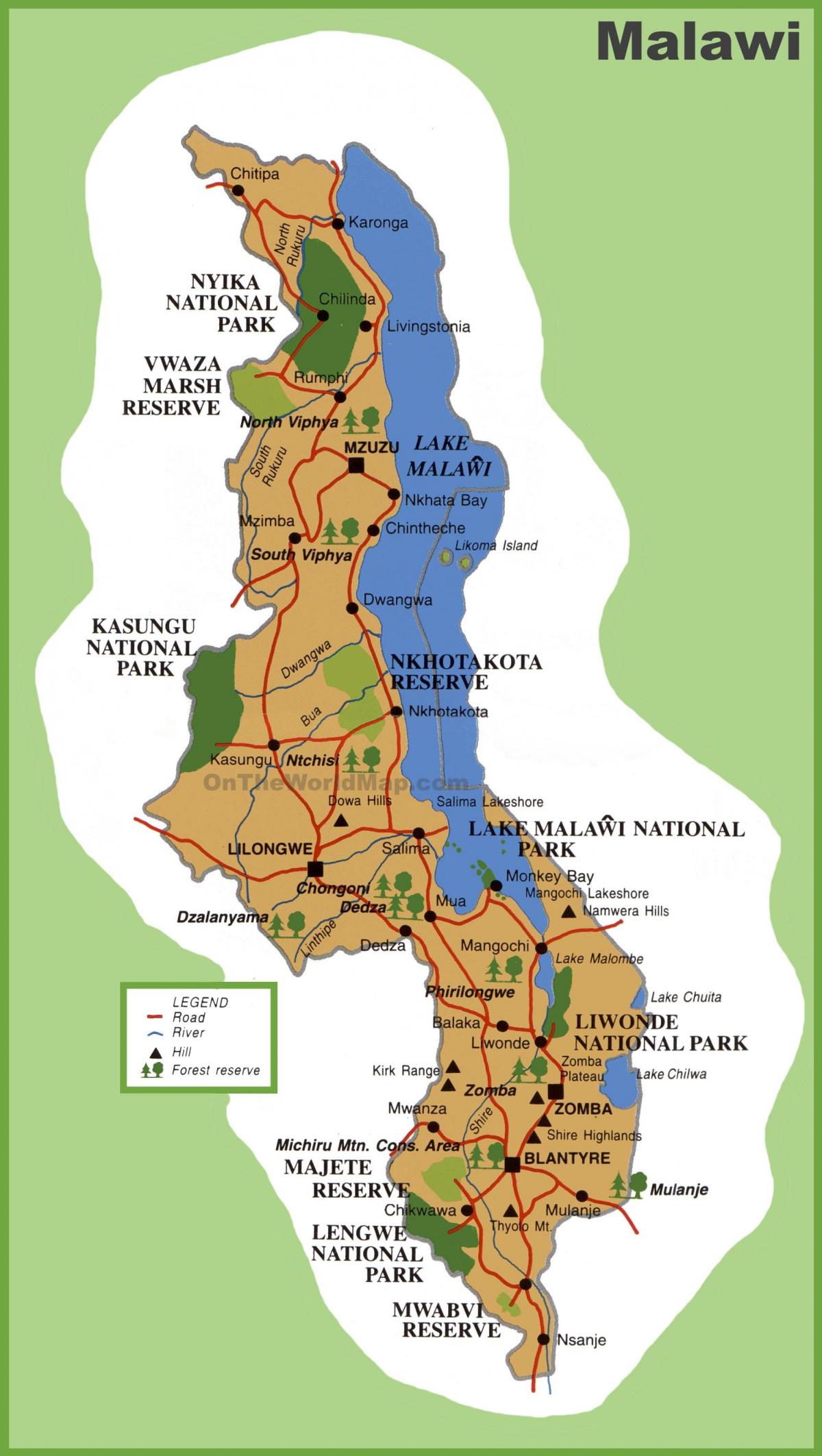 mapa de Malawi y los países vecinos